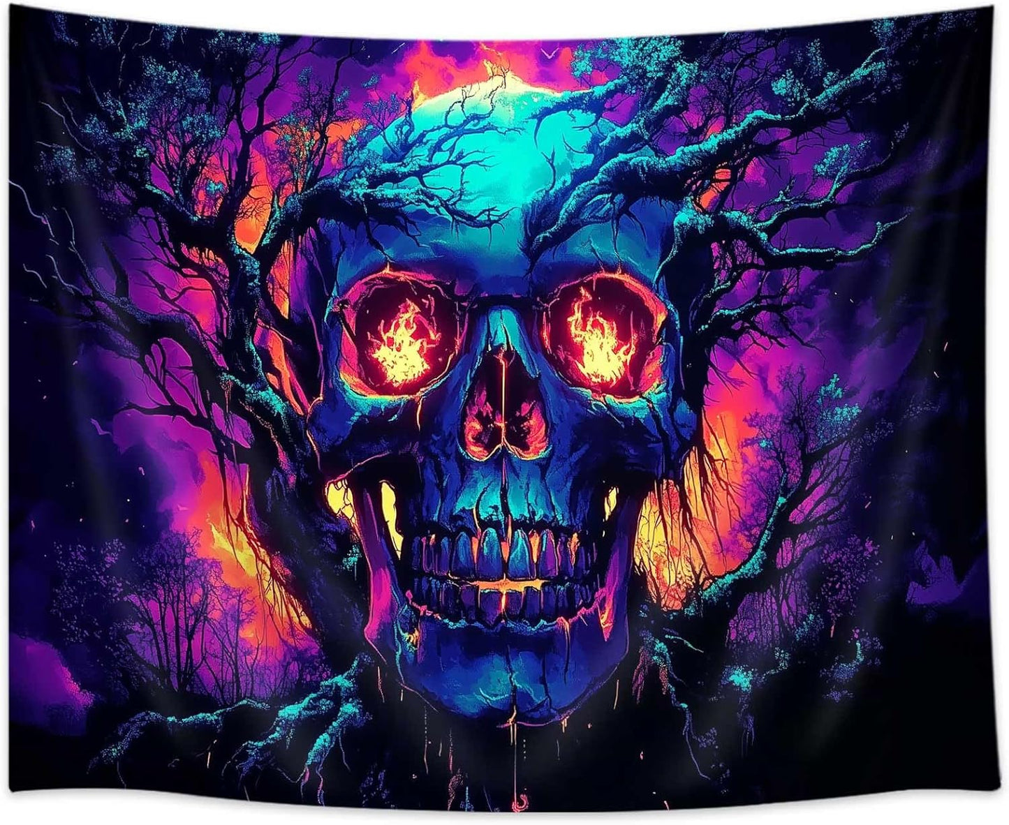 Xiaoput Blacklight Fire Skull Tapestry for Bedroom, Trippy UV Reactive Burning Skeleton Forest Wall Hanging Tapestries, Scary Dark Horror Glow in the Dark Tapestries for Living Room Home Dorm 40X30IN
