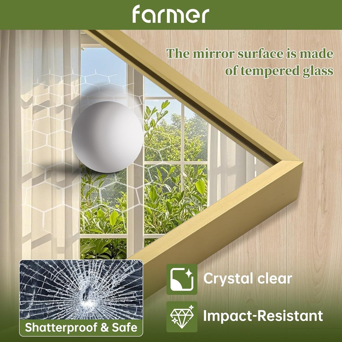 FARMER 24x32 Inch Gold Bathroom Mirror, Rectangle Wall Mounted Mirror, Vanity Mirror, Brushed Square Mirror, Framed Bathroom Mirror for Bedrooms, Entryways, Living Rooms, Horizontal/Vertical