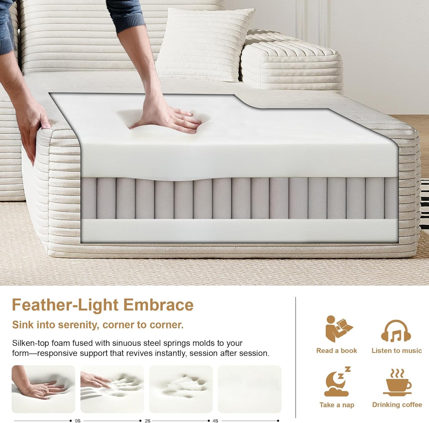 136" Sectional Couches for Living Room Modern Modular Sofa with L-Shape Couchs Upholstered Boneless Couch Deep Seat Sectional Couch with Chaise (White, Right Facing Chaise+3Seaters)