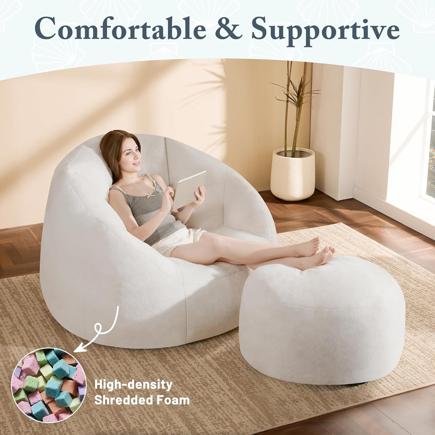 Giant Bean Bag Chaise Lounge Indoor Chair for Adults - Comfy Plush Round Shell Soft Accent Chair, Oversized Cozy Floor Sofa for Living Room, Bedroom & Game Rooms, Beige