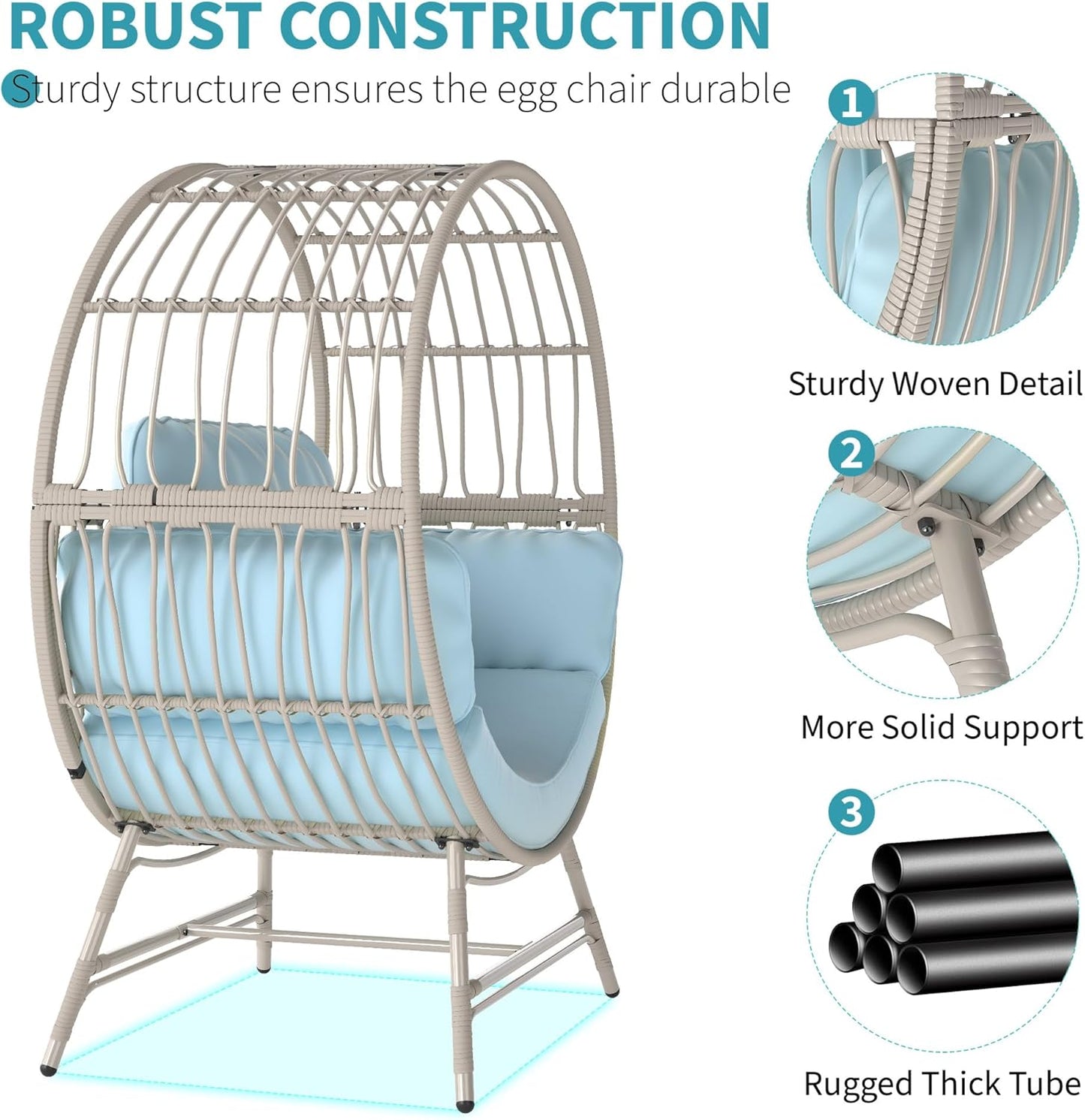 Egg Chair Outdoor Indoor, Oversized Rattan Chair with Thicken Cushion, 350LBS Capacity Wicker Patio Lounge Chair, Basket Chair for Living Room Balcony Porch Backyard, Blue