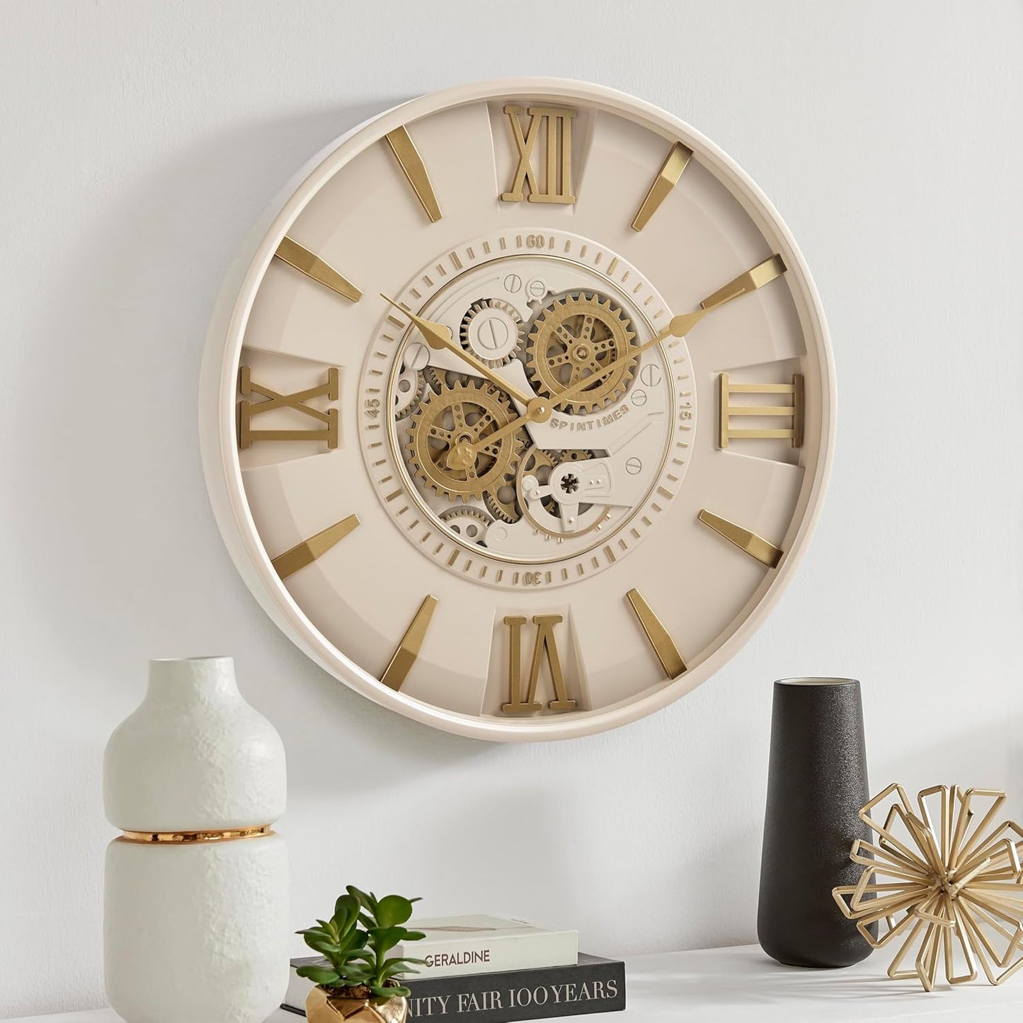 CLXEAST Mid Century Minimalist Modern Wall Clocks,24 Inch Wall Clock with Moving Gears, Large Cream Gold Wall Clocks for Living Room Decor,House Warming Gifts New Home