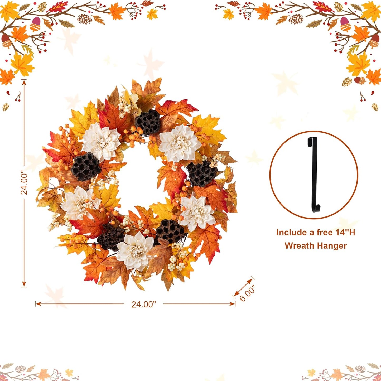 Glitzhome 24" D Fall Sorghum Wreath with Metal Hanger, Harvest Wreath for Front Door, Fall Door Wreaths for Indoor Outdoor Thanksgiving Harvest Holiday Decorations