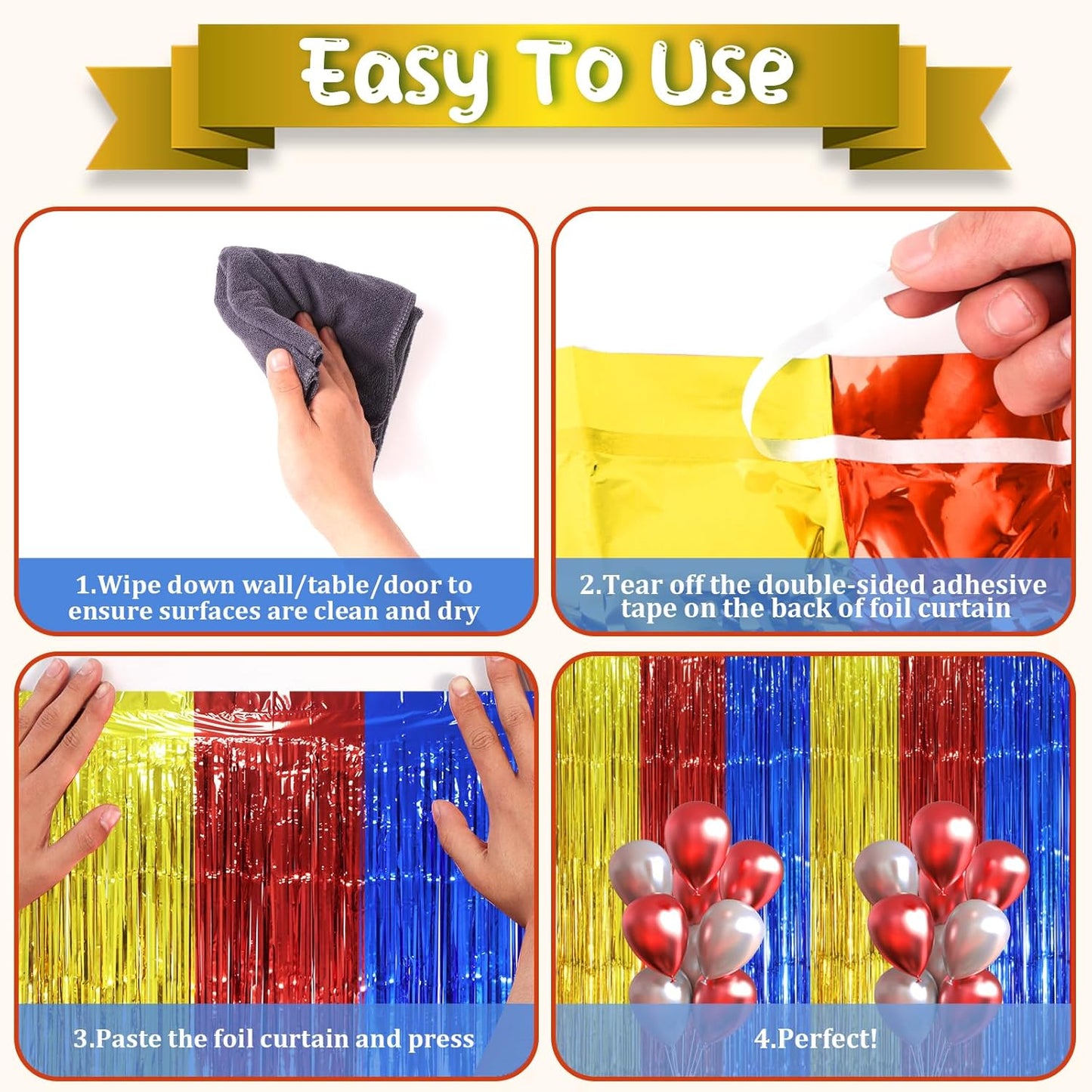 3 Pack 3.3 x 8.2 ft Blue Red Gold Foil Fringe Backdrop Curtains, Tinsel Streamers Party Decorations, Fringe Backdrop, Door Shimmer for Birthday Party