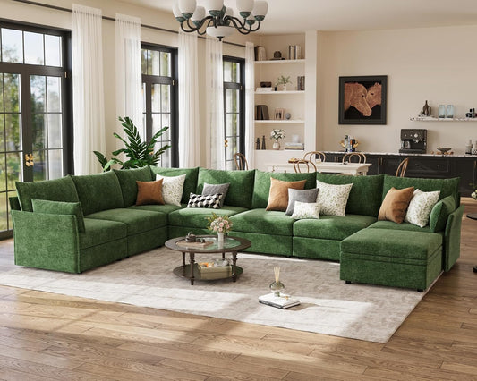 166.6" Oversized Modular Sectional Sofa, U Shaped Convertible Couch with Movable Ottoman, Large 8 Seat Corner Couches for Living Room Deep Seat Green Chenille