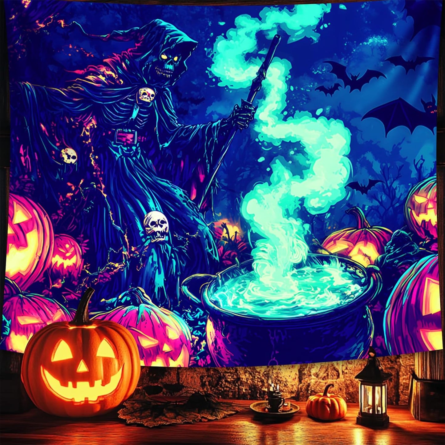 Halloween Tapestry, Blacklight Tapestry for Halloween Party Decor Hanging Tapestries Backdrop Wall Art Poster for Bedroom Dorm 79x59in