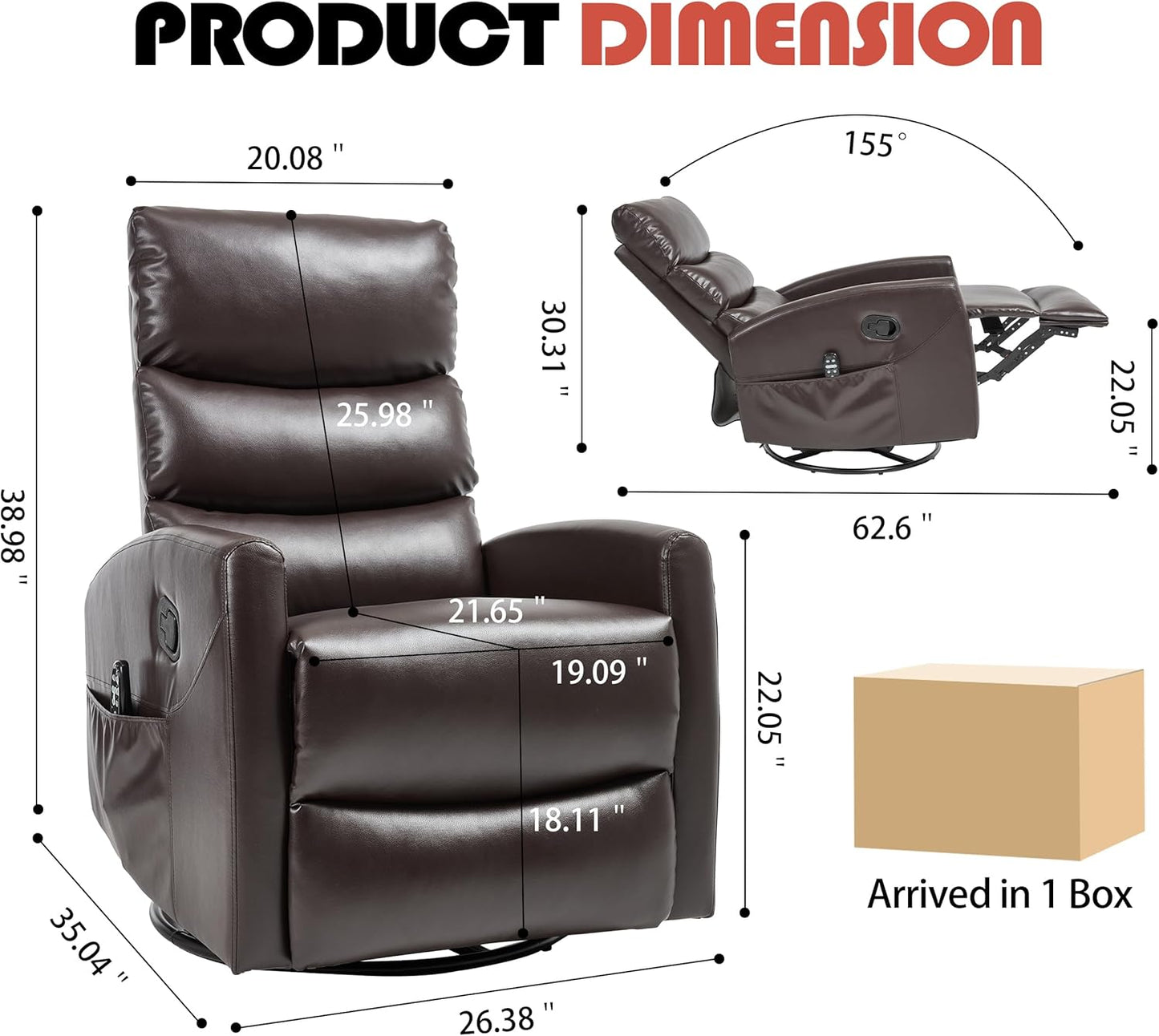 Manual Swivel Rocker Recliner Chair for Adults, Overstuffed Reclining Glider Chair for Nursing with Vibration Massage & Heat, Living Room Rocking Recliner 3-Stage backrest, Faux Leather Brown