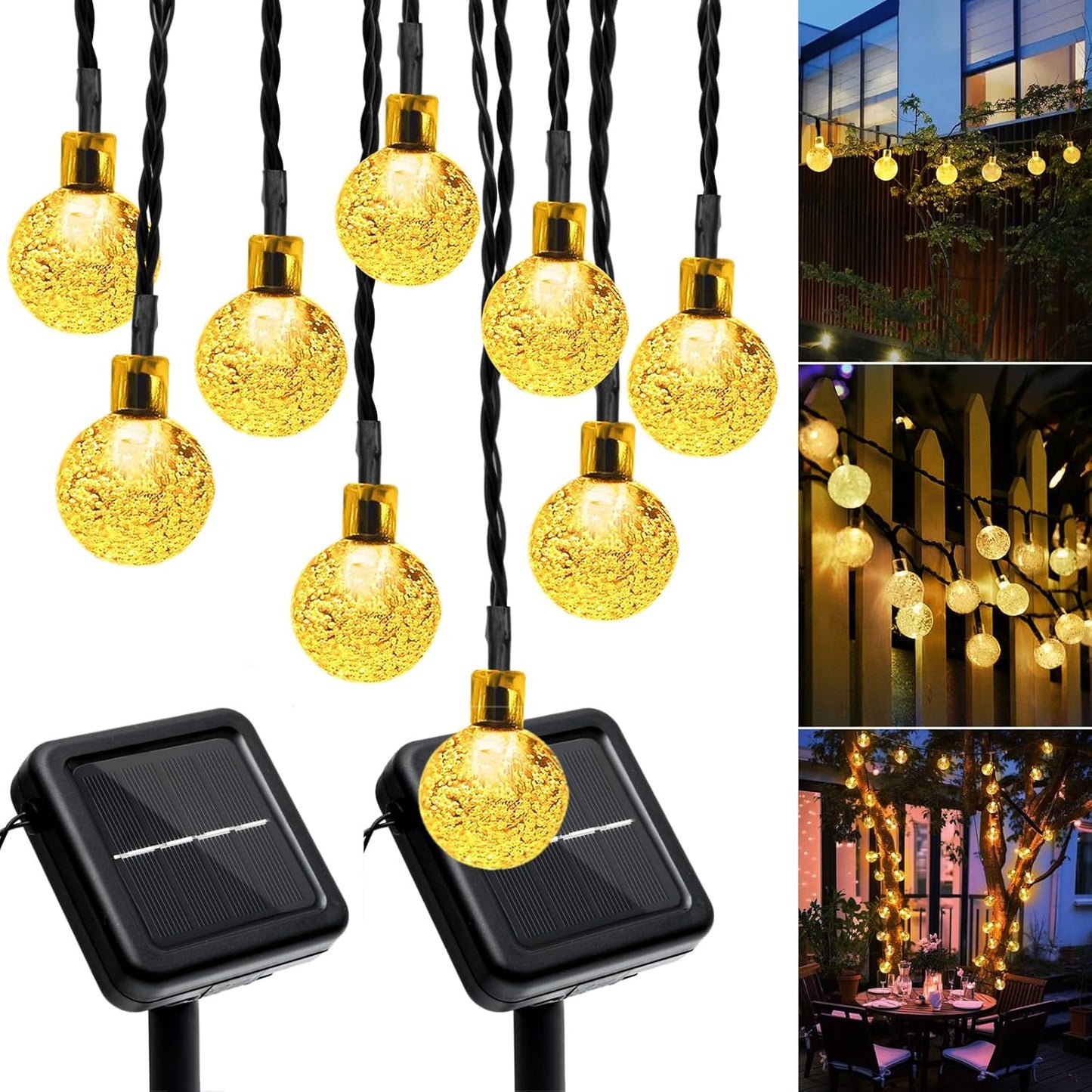 Outdoor Solar String Lights, 2x46FT 66LED 8Modes Crystal Solar Powered Christmas Fairy String Lights Waterproof for Outside Yard Fence Easter Holiday Party Garden Decor 2Pack(Warm White)