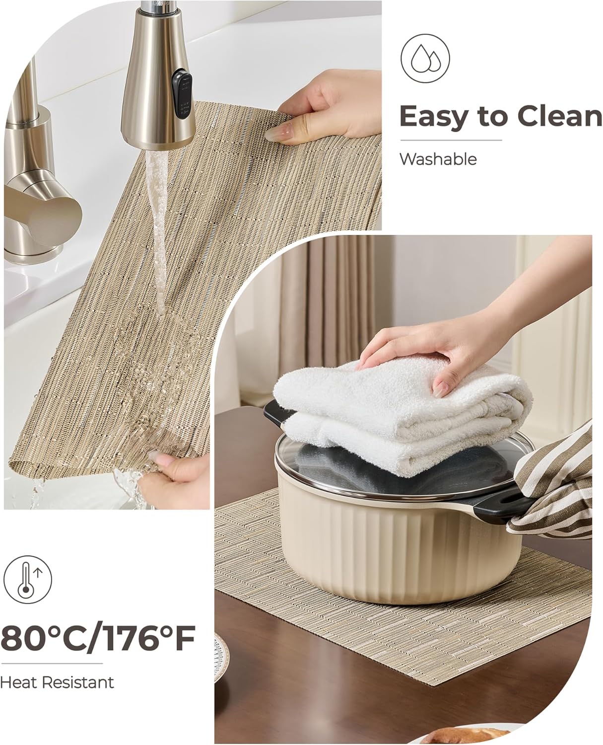 Leetaltree Light Brown Placemats Set of 6 - Heat Resistant Non-Slip Place mats for Dining Table, Washable Durable PVC Vinyl Woven Table Mats（Light Brown, 6）