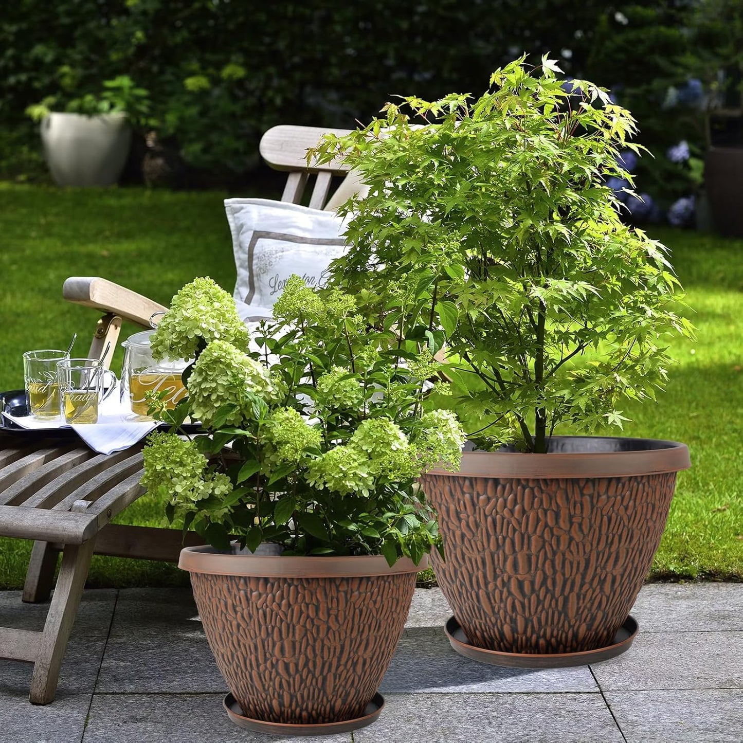 16 Inch Large Outdoor Plant Pot, 4 Pack Thickened Flower Pots with Drainage Holes & Saucer, Pebbles Pattern Design Tree Planters Outdoor for Garden Porch Home