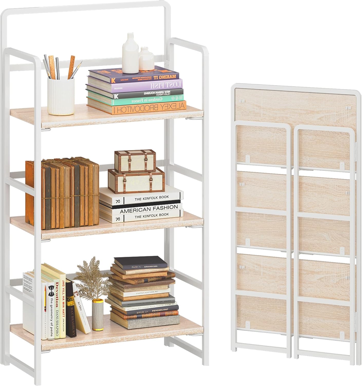 4NM No Assembly Foldable Bookshelf, 3-Shelf Collapsible Bookcase Storage for Small Spaces, 42.1" H, Natural White