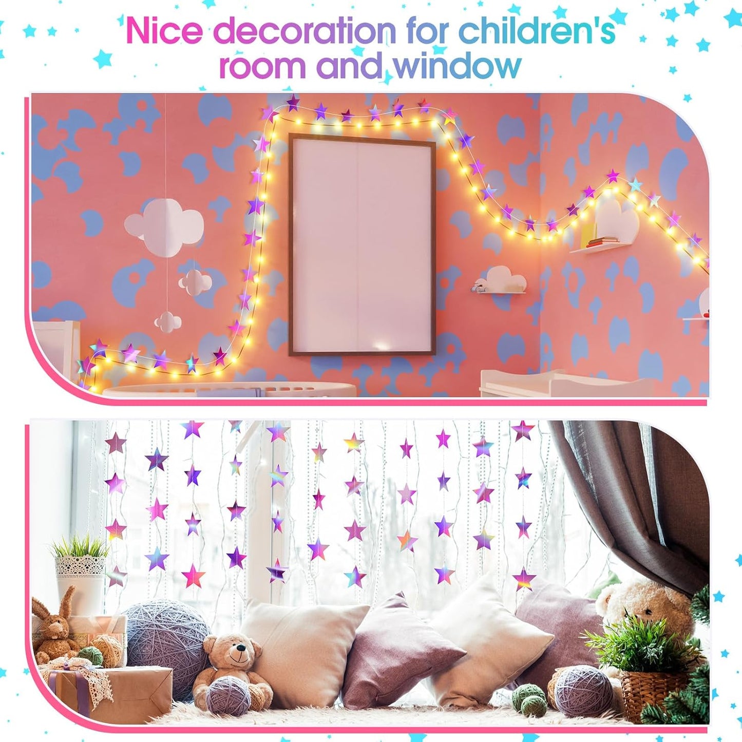 Patelai Glitter Star Garland Banner Decor 130 Feet Star Hanging Bunting Banner Twinkle Backdrop for Homecoming Classroom Wedding Birthday Halloween Christmas Party Supplies(Iridescent Purple)