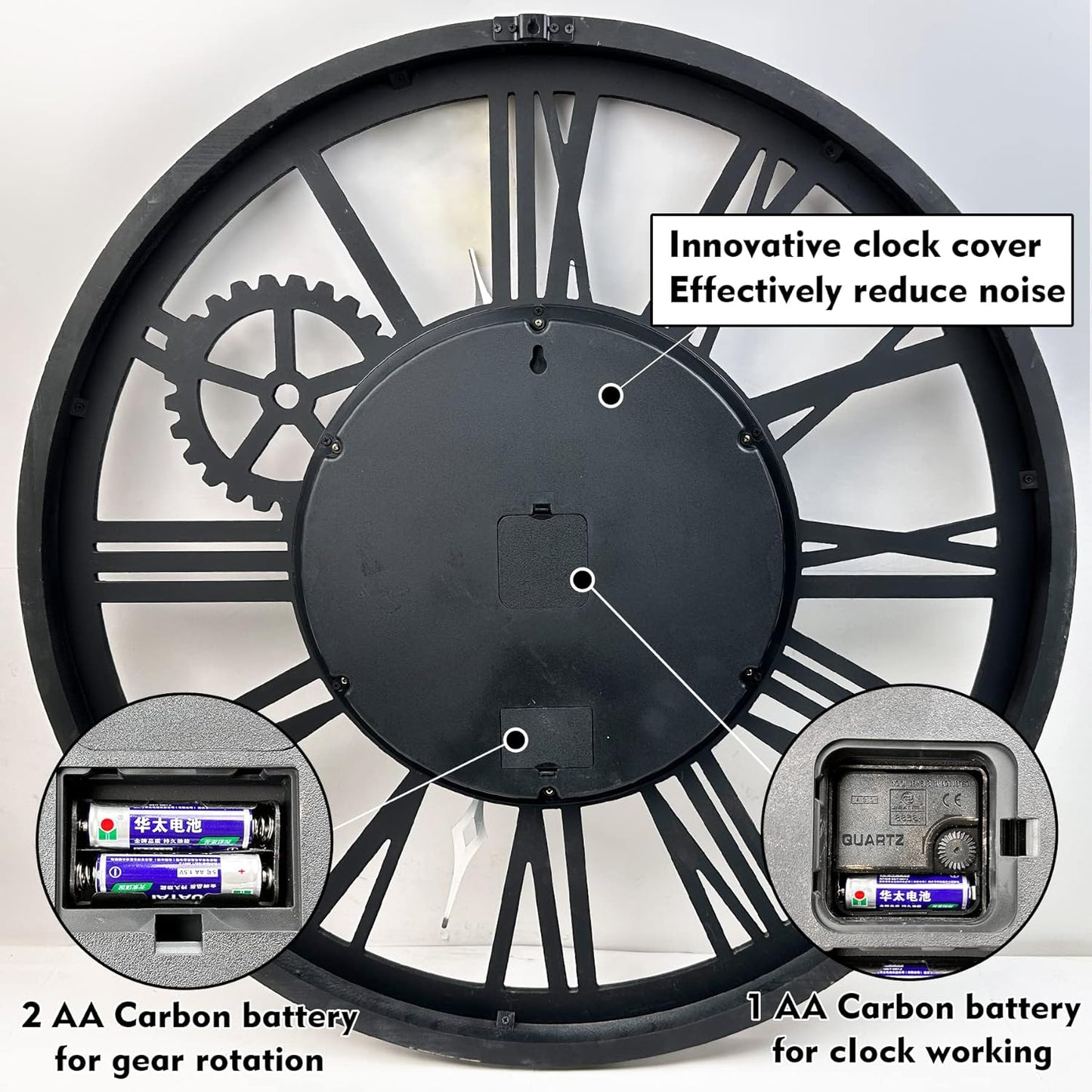 The B-Style Large Real Moving Gears Wall Clock 30 inch Rustic Retro Industrial Farmhouse Wood Clock Oversized Decorative Vintage Wall Clocks for Living Room (Black)