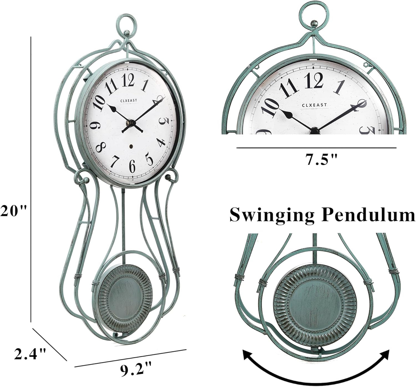 CLXEAST 20 Inch Metal Pendulum Wall Clock Battery Operated,Large Schoolhouse Wall Clocks for Living Room Decor,Antique Aged Teal Green Finish,House Warming Gifts New Home