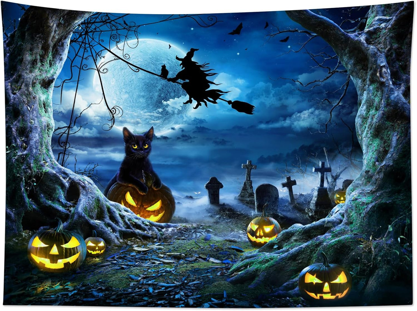 LB Halloween Wall Tapestry 59x51 Inch - Spooky Graveyard Scene with Witch, Black Cat, Pumpkin, Full Moon & Dead Tree Decor for Bedroom, Living Room, Dorm, Party