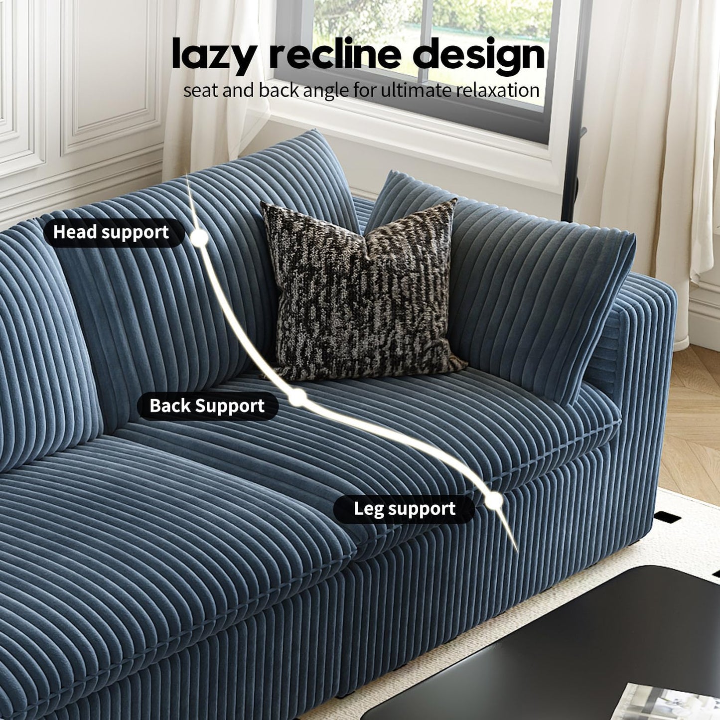 118" Cloud Couch Modular Sectional Sofa for Living Room,Modern Sofa with Deep Seat，U-Shape Boneless Couch with 2 Ottoman,Comfy Upholstered Corduroy Couches for Apartment, Studio, Office,Bedroom，Blue