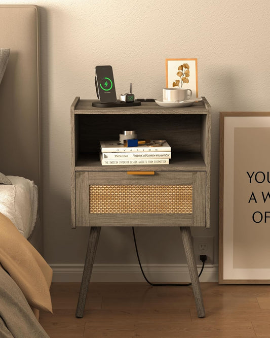 Rattan Nightstand with Outlet,Modern Bedside Table with Storage Drawer and Open Wood Shelf, for Living Room, Bedroom and Small Spaces, Accent Night Stand with Solid Wood Legs,Grey Oak