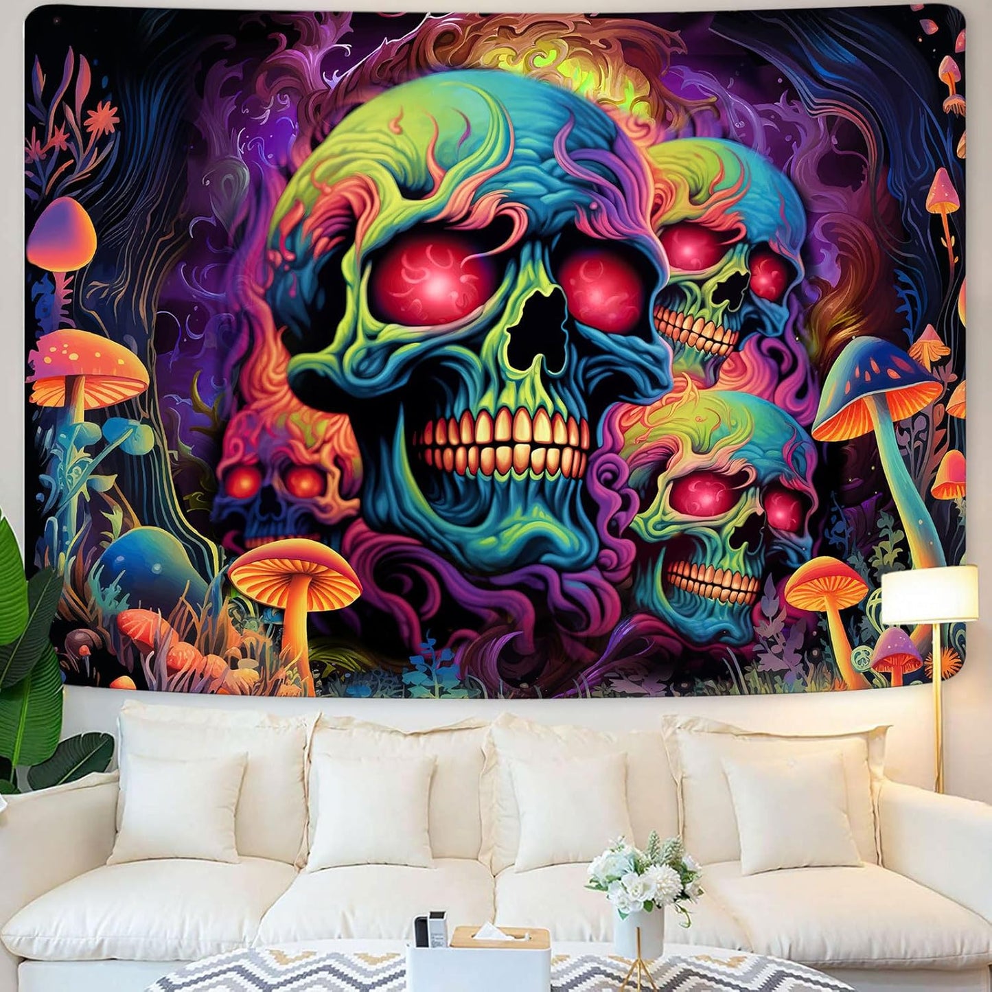 Skull Blacklight Tapestry, UV Reactive Skeleton Tapestry Trippy for Bedroom, Black Light Posters for Adults, Halloween Horror Wall Glow in Dark Tapestry Aesthetic Living Room Dorm Decor 60x51IN