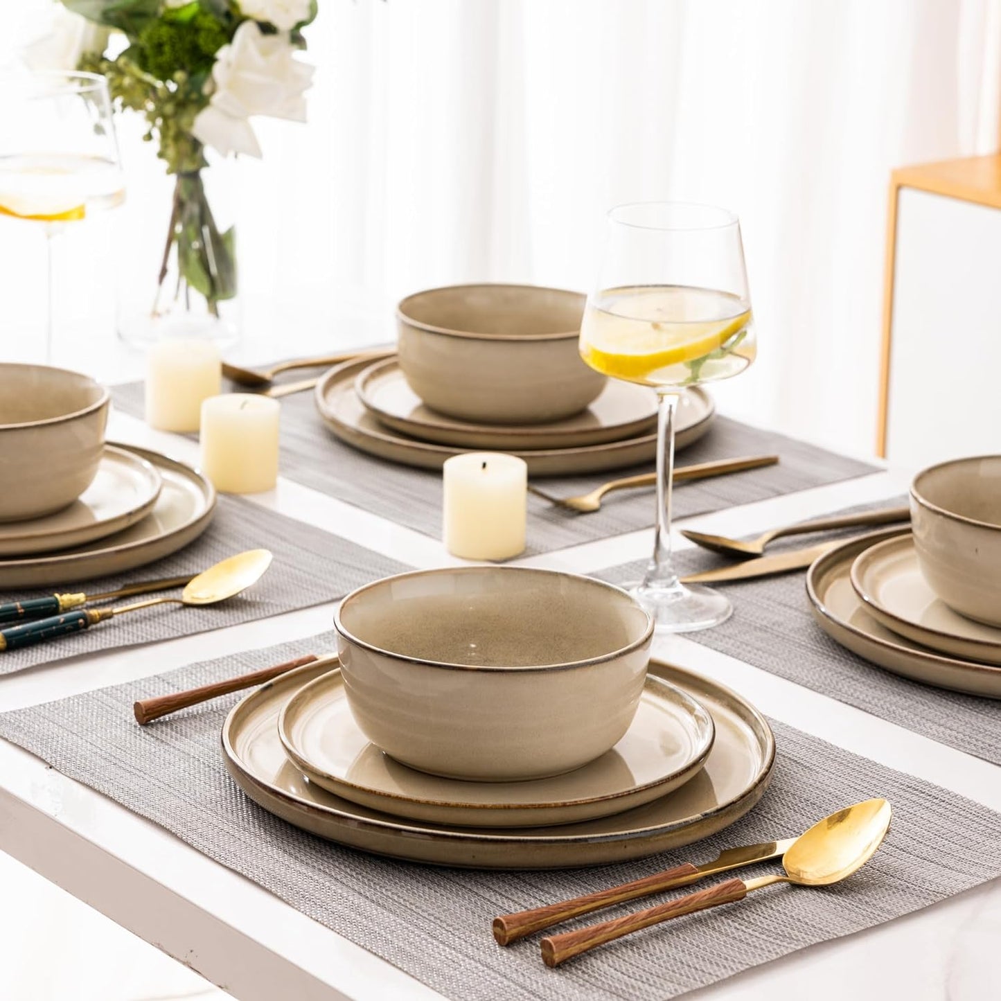 GBHOME Ceramic Dinnerware Sets for 6, 18 Pieces Stoneware Plates and Bowls Sets, Scratch Resistant Dishes, Dishwasher & Microwave Safe, Reactive Glaze-Cappuccino