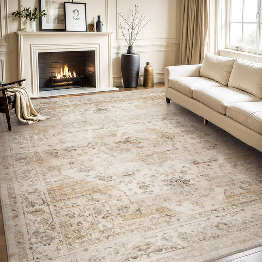 AMOAMI-Area Rug 5X7 Rugs for Living Room-Vintage Soft Beige Rugs for Bedroom-Non Slip Carpet-Machine Washable Rug for Dining Room Living Room Bedroom Office Under Table-Beige