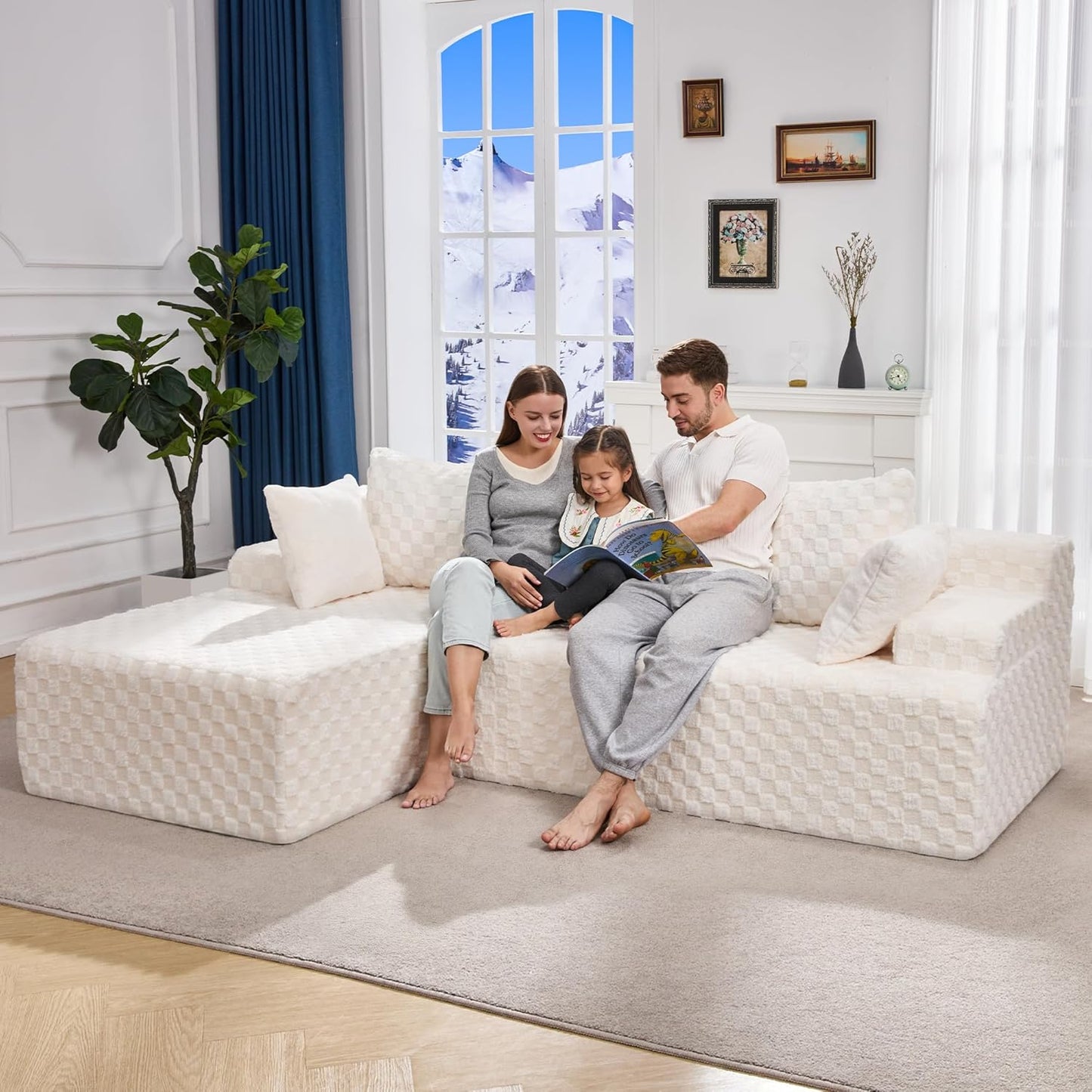 Hobestluk 96” Modular Sectional Sofa Couches L-Shape Couch 3 Seat Modular Sofa Memory Foam Sectional Couches for Living Room, Cloud Couch with Oversized Chaise (White, Checked (Left Facing Chaise))