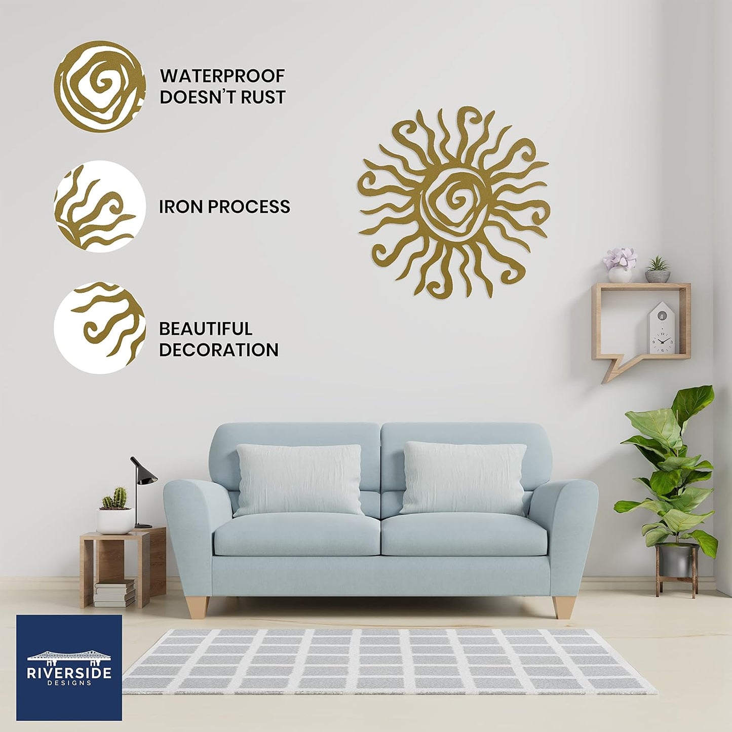 Riverside Designs Wacky Sun Metal Wall Art Indoor/Outdoor Decor - 18" Gold Rust Proof Wall Sculpture - Made in USA - Ideal for Bedroom, Garden, Home, Patio and Farmhouse