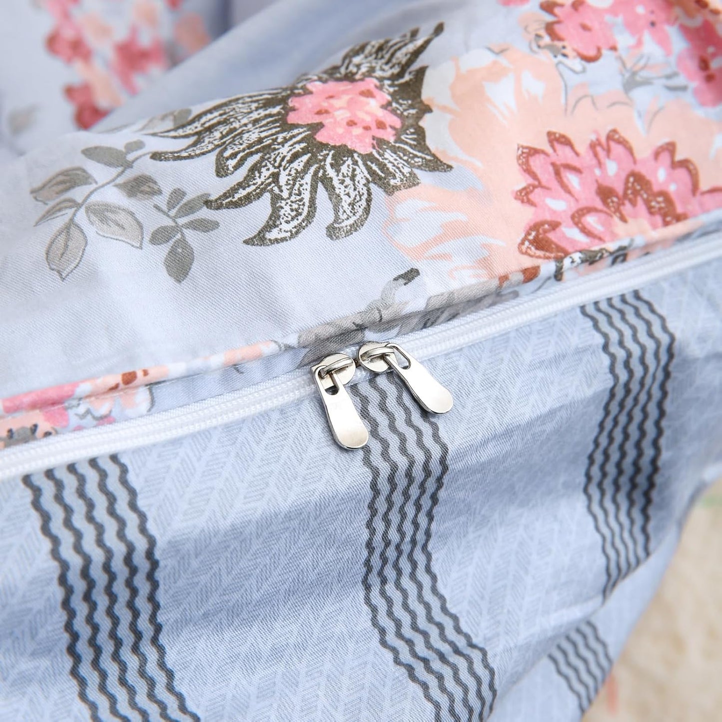 ABREEZE Floral Duvet Cover Queen Size Set Bird Flowers Bedding Set 100% Brushed Cotton Bedding Collection 1 Duvet Cover with 2 Pillowcases Grey