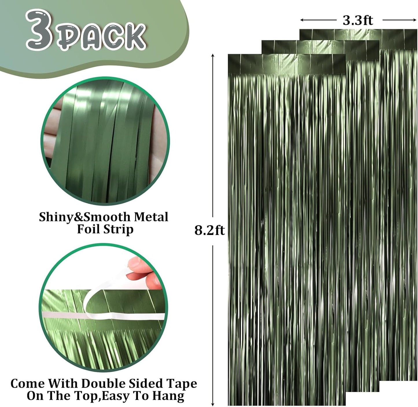 3 Pack 3.3 x 8.2 ft Matte Green Foil Fringe Backdrop Curtains, Tinsel Streamers Party Decorations, Fringe Backdrop, Door Shimmer for Graduation, Birthday Party