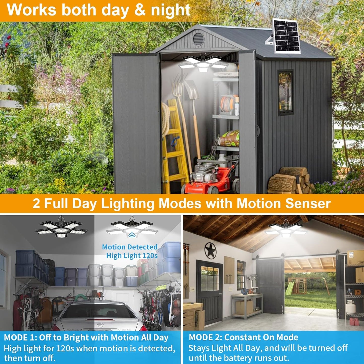 Solar Shed Light Indoor Outdoor, Upgrade Large 267LED Solar Powered Motion Sensor Pendant Light Works Day & Night, Solar Indoor Light with 2 Lighting Modes + Timer & Remote for Shed Gazebo Garage Barn