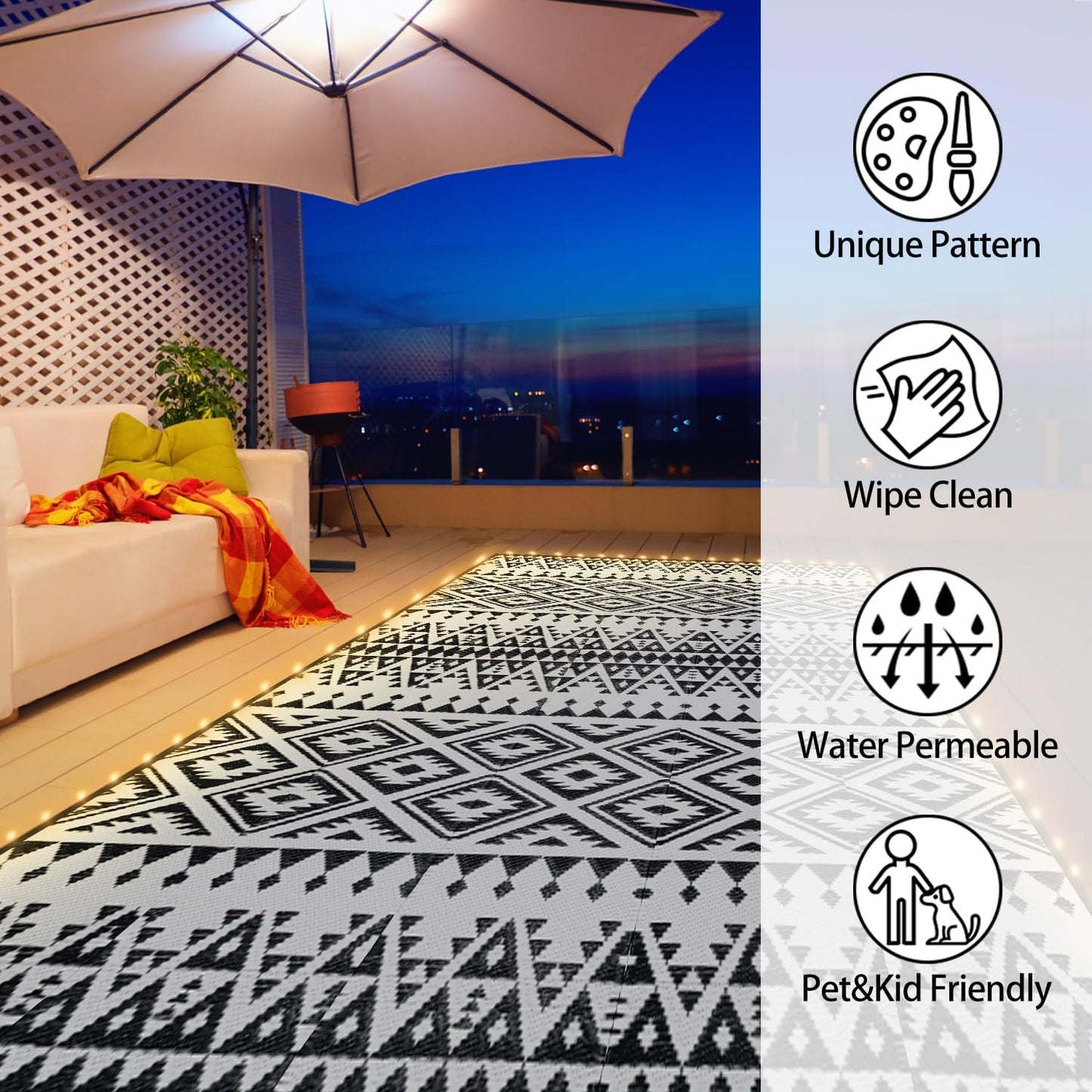 Outdoor Rug Mat with Led Strip Lights for Patio, 8x10ft Waterproof Reversible Plastic Straw Rugs, Camping Carpet Area Mats for RV, Porch, Deck, Backyard, Balcony, Camper, Black & White