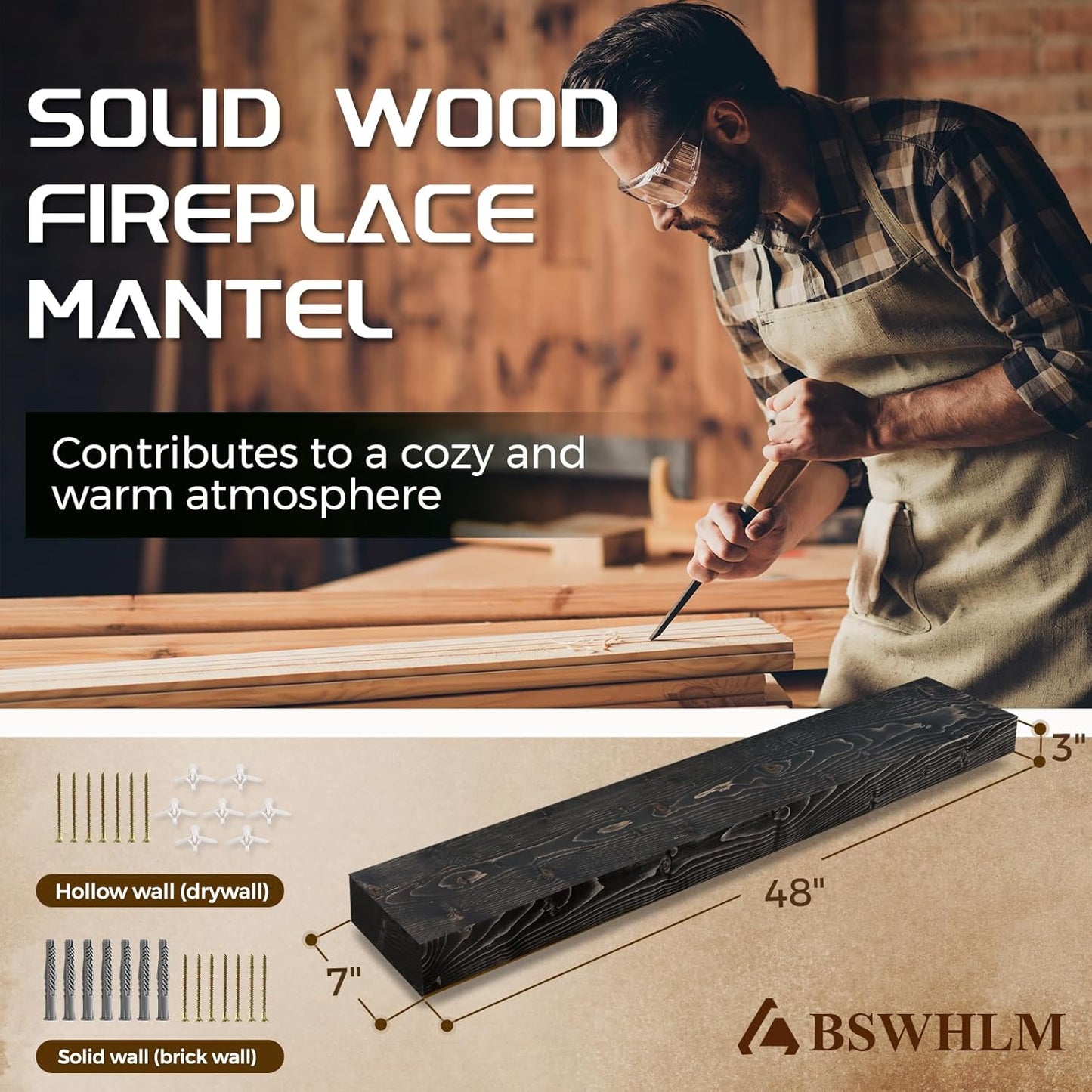 48x7x3 Fireplace Mantel - Solid Rustic Wood - Wall Mounted Floating Shelf with Invisible Heavy Duty Steel Bracket (Weathered Black)