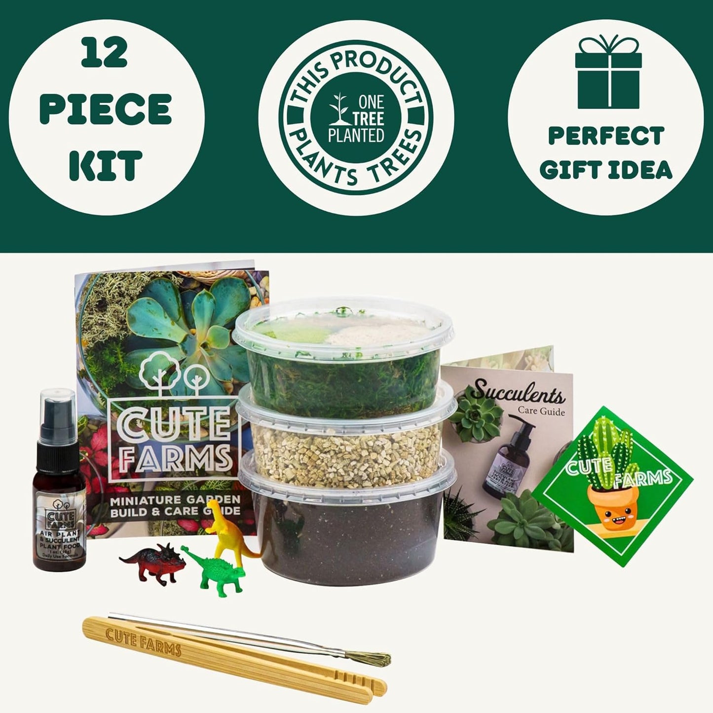 Cute Farms Terrarium Starter Kit | Moss, Vermiculite, Soil, Pebbles, Plant Food, Finishing Tools, Build and Care Guide | DIY Succulent Terrarium for Adults and Kids (Small)
