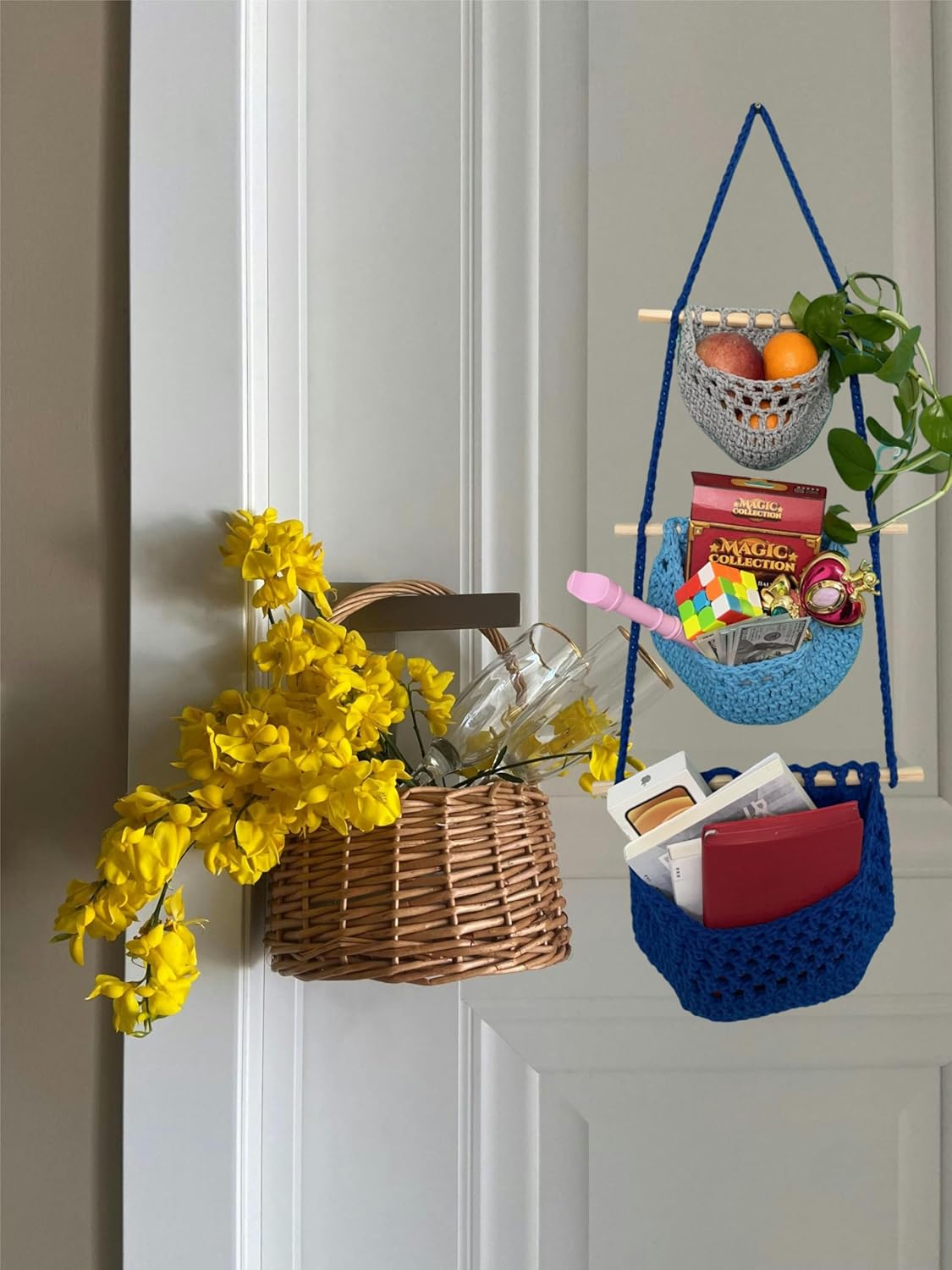 Hanging Fruit Basket, 3 Tier Cotton Macrame Produce Basket for Kitchen, Indoor Planter Hangers.