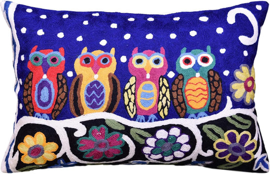Lumbar Four Owls Decorative Pillow Cover Blue Whimsical Hand Embroidered Wool 14x20