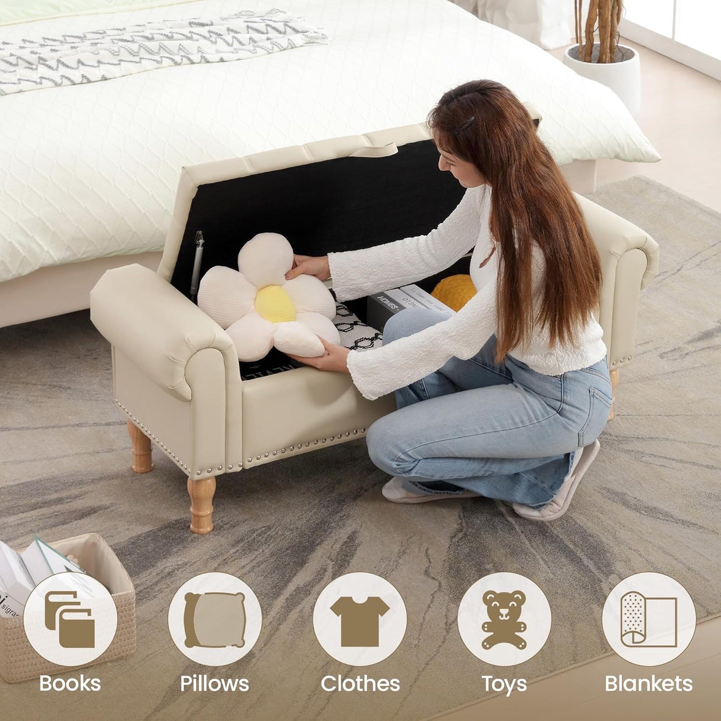 Storage Ottoman Bench for Bedroom, 51" Upholstered Bench with Rolled Arms and Vintage Rivets for Living Room, Full & Queen Leather Storage Bench with Button for Entryway, Beige+Nature Legs