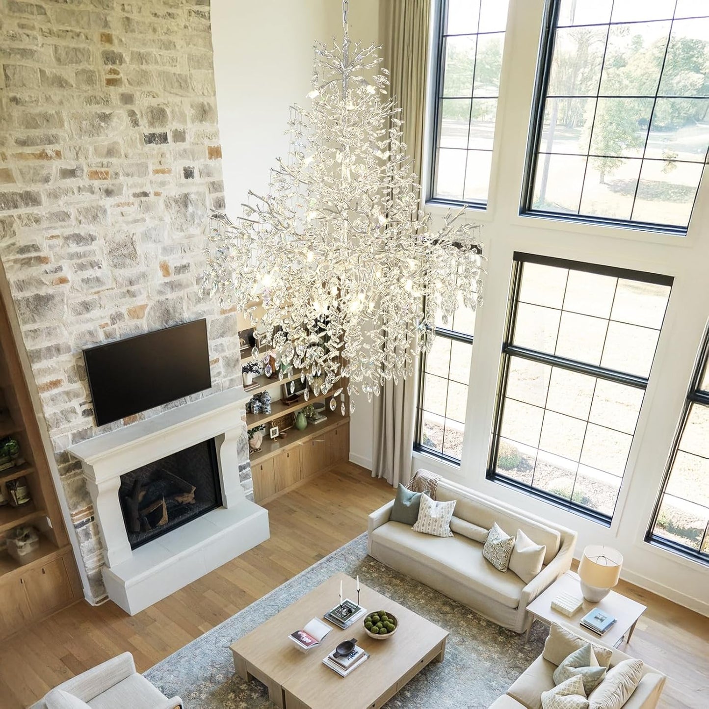 H65'' Silver Tree Branch Crystal High Ceilings Chandeliers,Modern Crystal Staircase Chandeliers, D48'' Foyer Chandelier for High Ceiling, Luxury Large Living Room Chandelier, 27-Lights