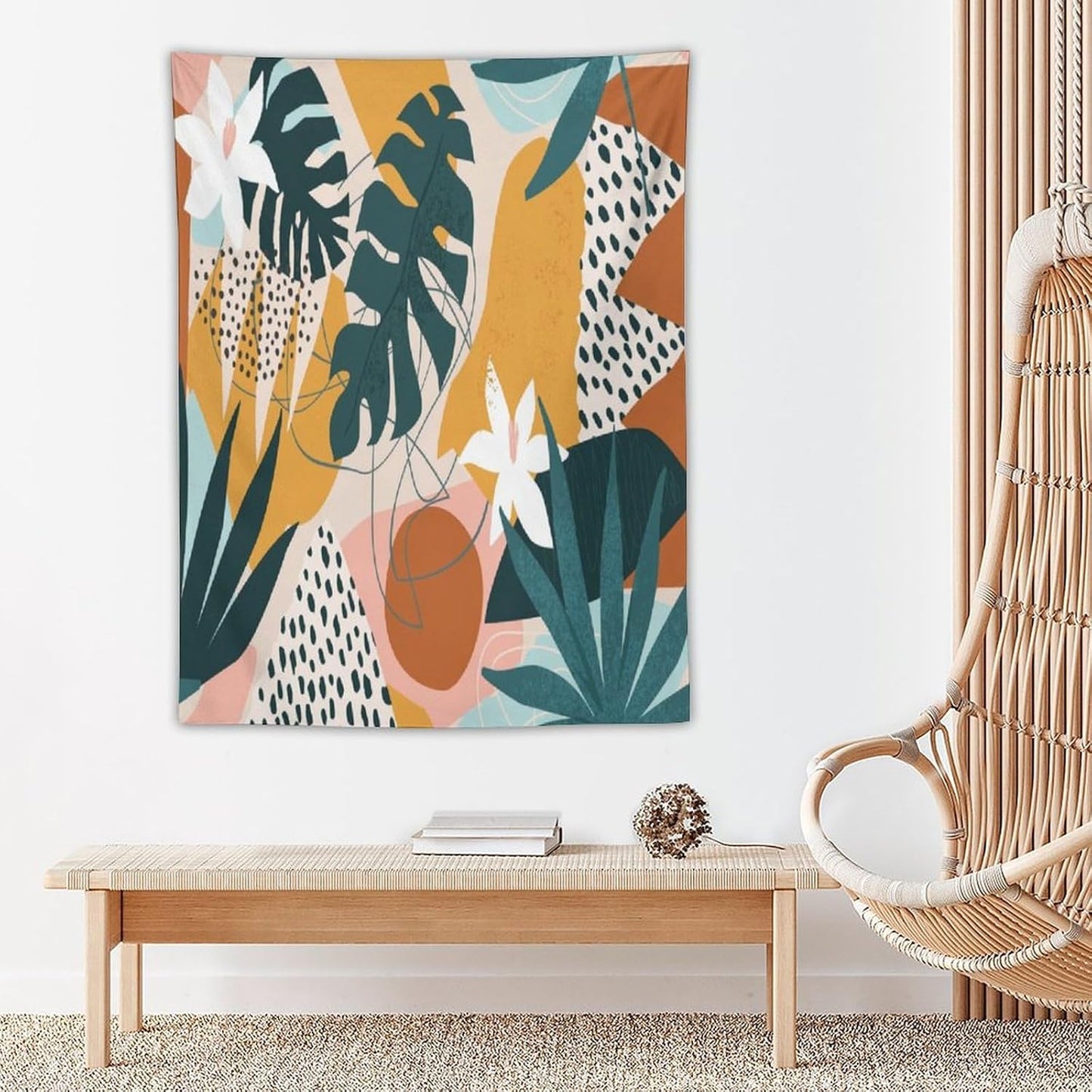 Abstract Bohemian Mid Century Tapestry, Tropical Leaves Modern Geometric Archway Minimalist Bohemian Botanical Aesthetic Wall Hanging, Sage Green Gold Home Decor Art for Bedroom 50x60 Inch