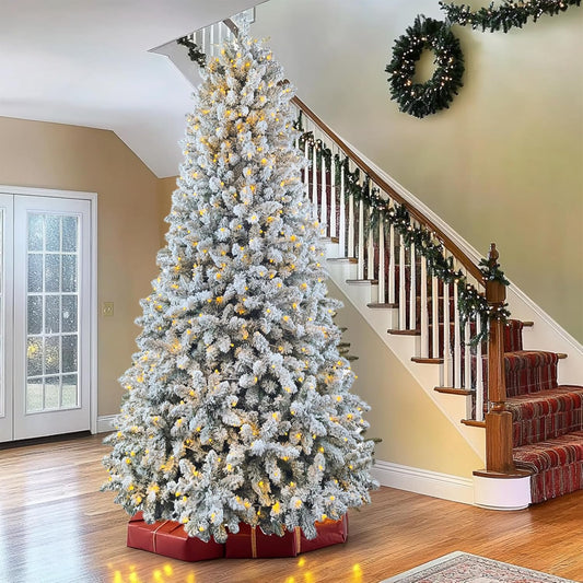 7.5ft Pre-lit Artificial Snow Flocked Christmas Tree with Quick Power Connect, 798 Warm White & Multi-Color LED Lights, and 1869 Branch Tips – Easy 3-Minute Setup Pencil Xmas Tree