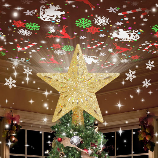 Kesfitt Christmas Tree Topper Star Lighted with 6 Projection Modes,Christmas Star Tree Topper with LED Rotating Lights,Gold Tree Topper 3D Glitter Dynamic Projection for Xmas Party Holiday Decorations