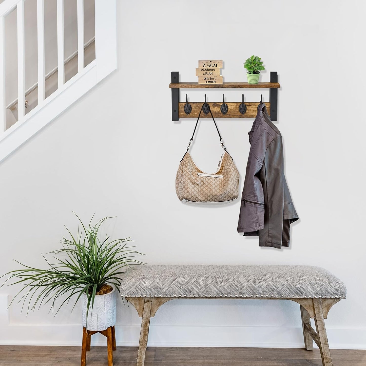 Sorbus Coat Hooks Wall Mount with Shelf – 16 Inch Coat Rack Wall Mount with 5 Heavy Duty Hooks – Floating Wall Shelf with Hooks for Entryway, Bathroom, Bedroom, Kitchen, or Mudroom (Rustic Brown)