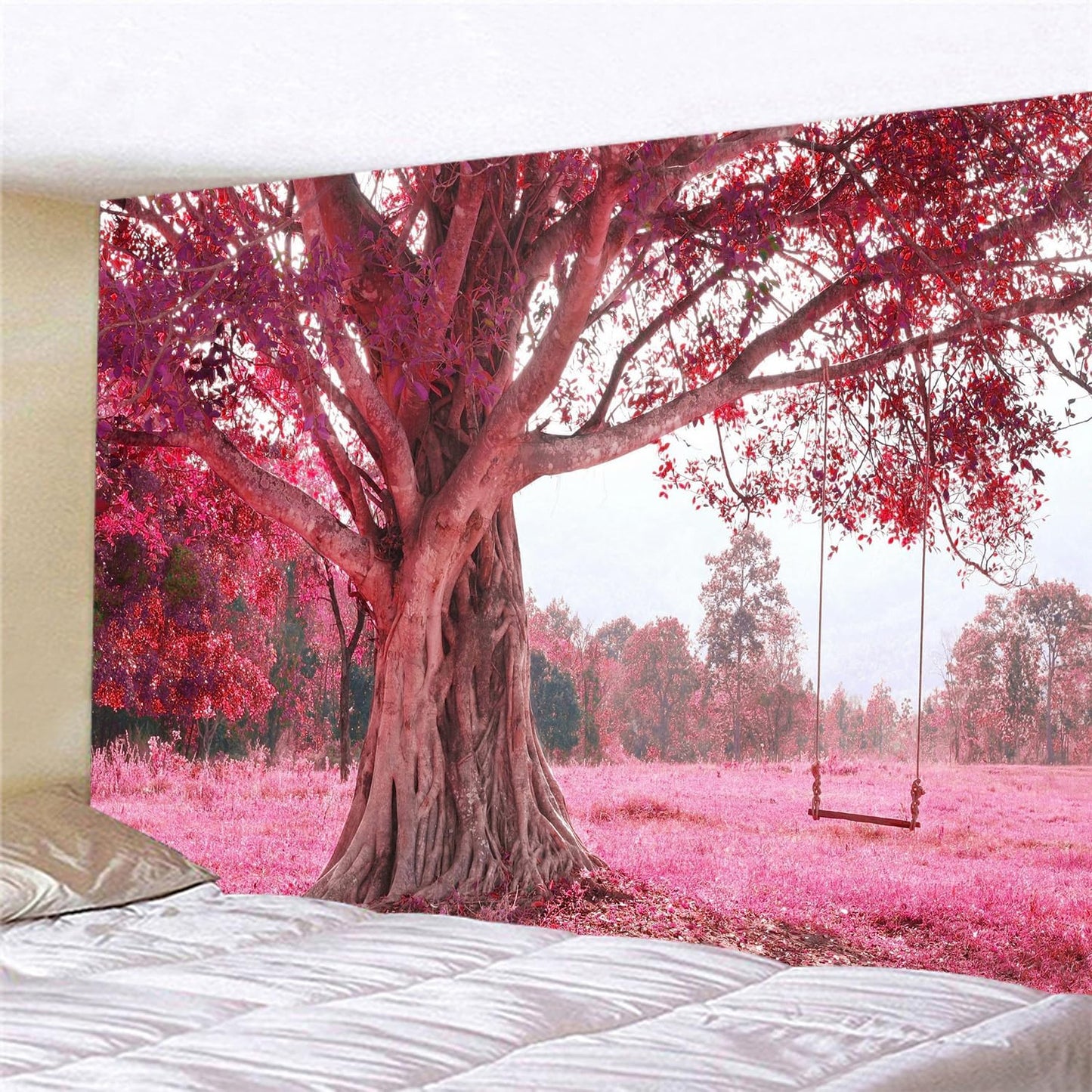 FENDROM Autumn Pink Flower Tapestry Window View Wall Hanging, Nature Forest Floral Trees Garden Scenic Tapestries for Living Room Home Office Dorm