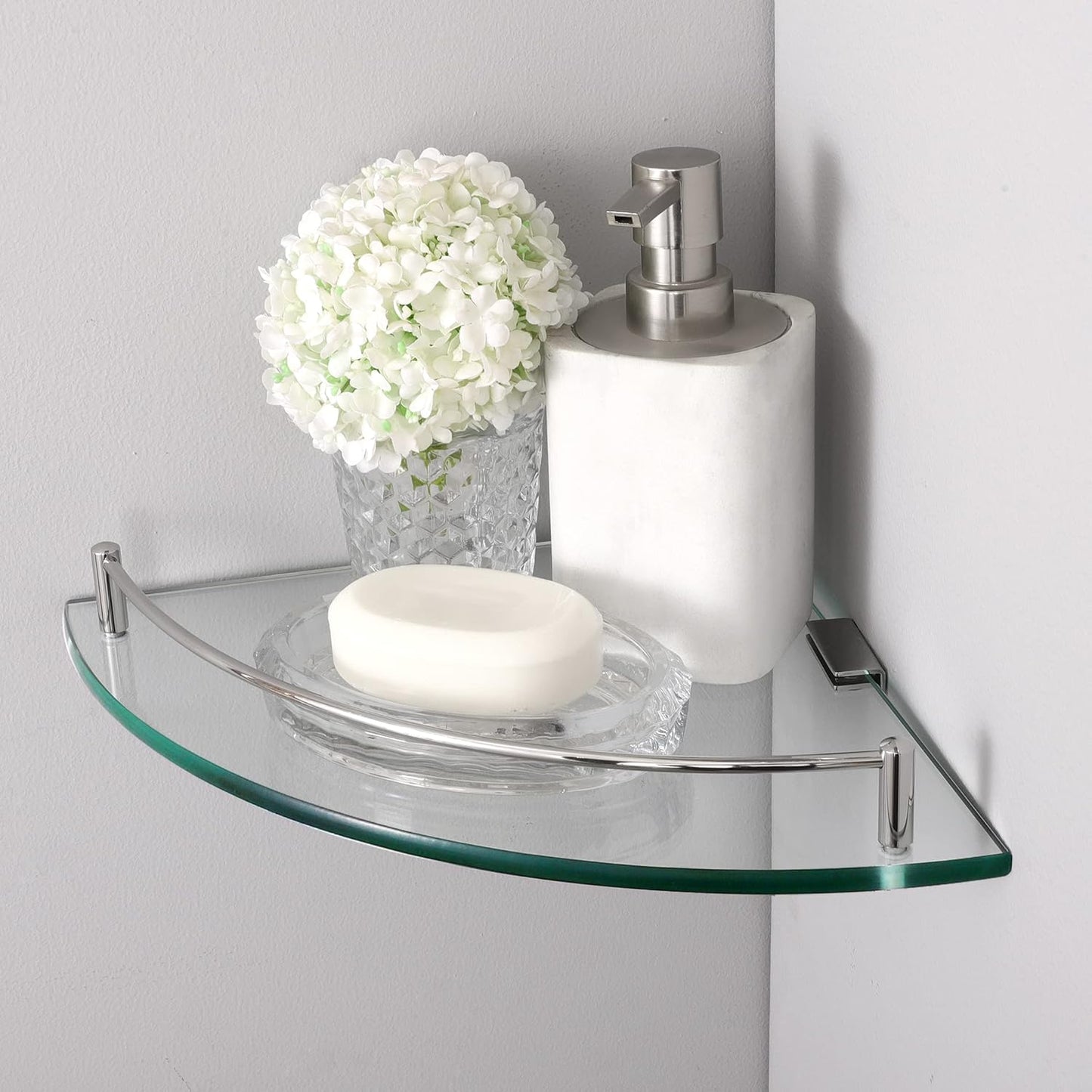 KES Glass Corner Shelf Bathroom Shelf Tempered Glass with Rail SUS 304 Stainless Steel Floating Wall Mount Bracket Polished Finish, BGS2101A