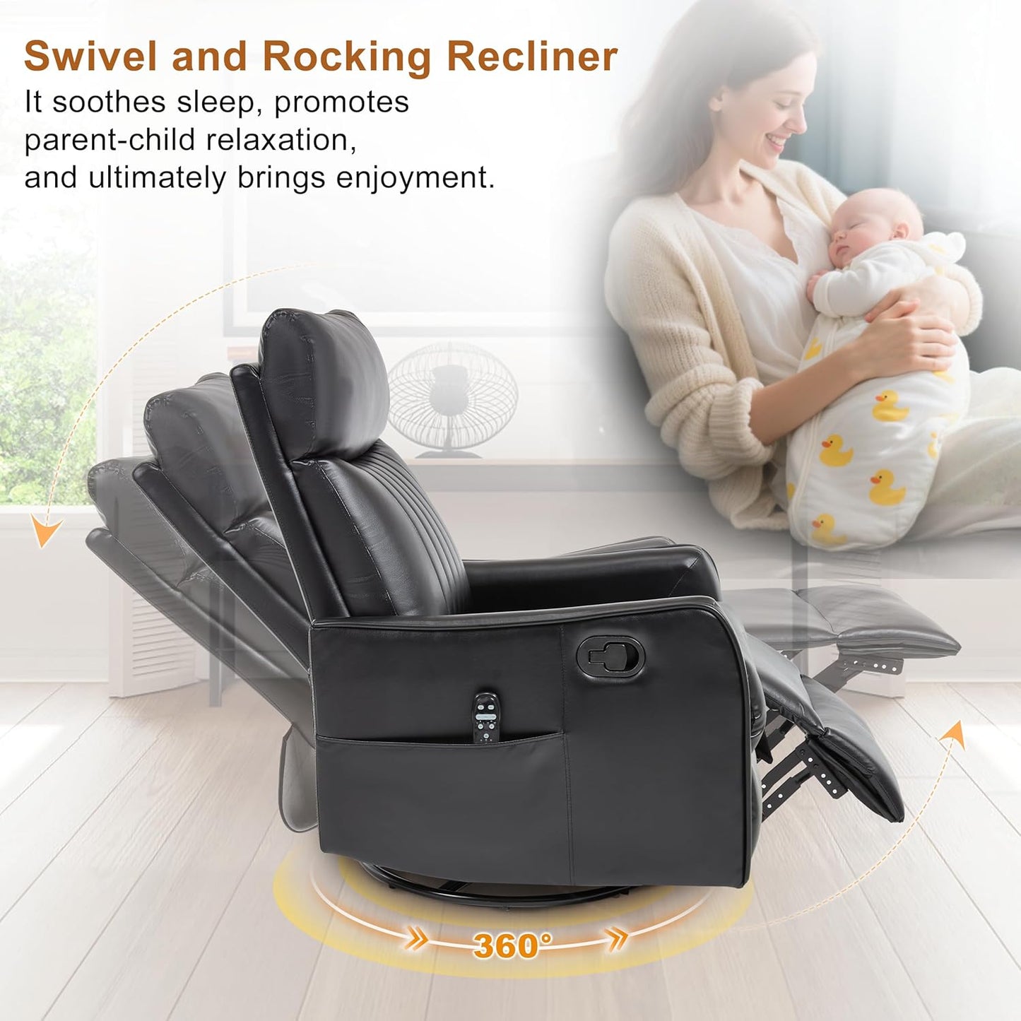 Manual Swivel Rocker Recliner Chair for Adults, Overstuffed Reclining Glider Chair for Nursing with Vibration Massage & Heat, Living Room Rocking Recliner 2-Stage backrest, Faux Leather Black