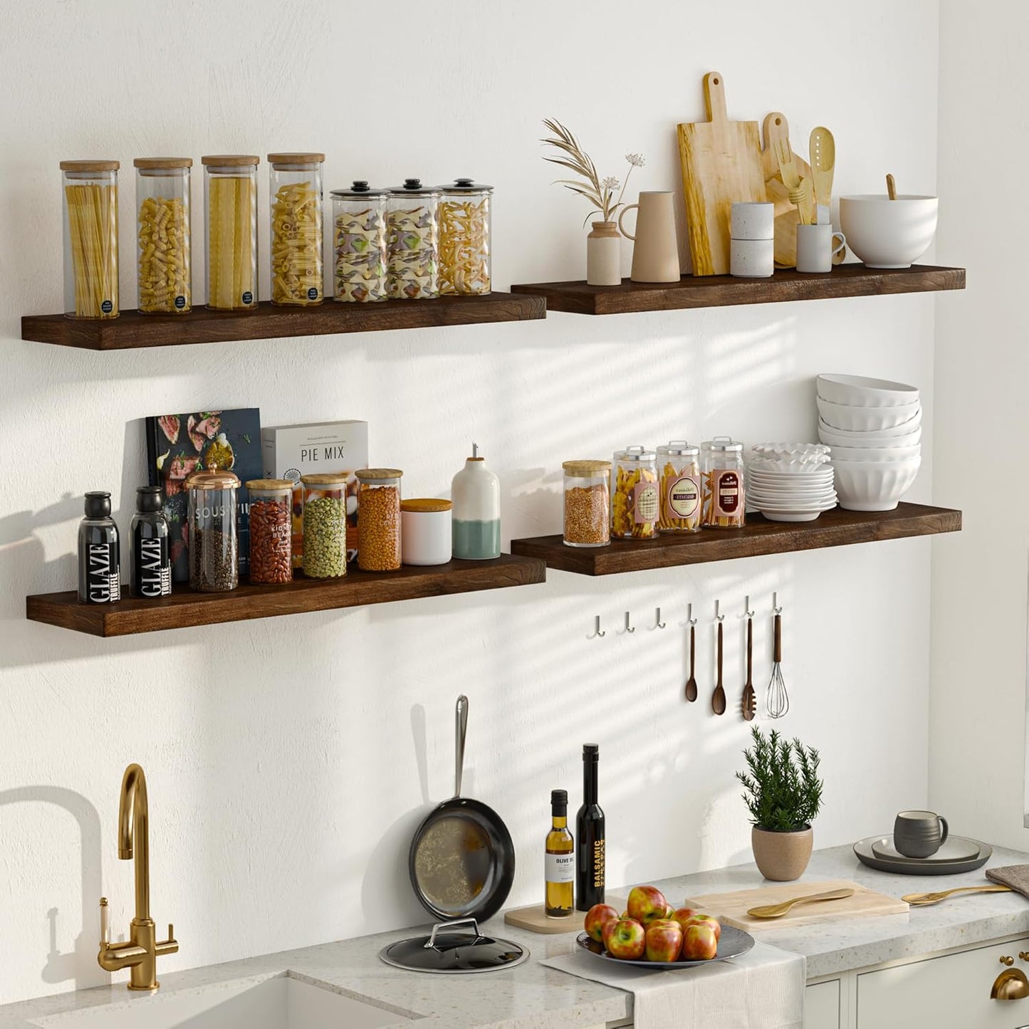 Fun Memories Floating Shelves for Wall, 24 Inch Floating Shelves Wall Mounted, Rustic Elm Wood Shelf, Heavy-Duty Storage Shelves for Books, Bathroom, Kitchen, Walnut Finish, Set of 2