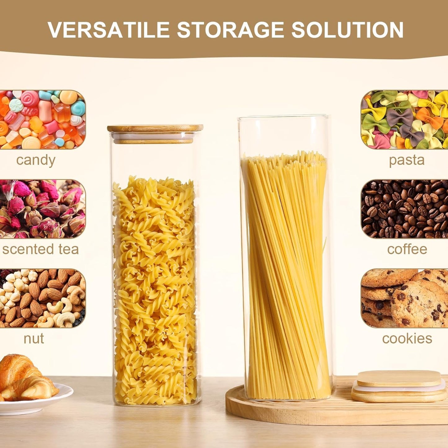 Glass Food Storage Jars with Lids(76oz)Square Set of 3 ,Glass Storage Containers Clear Glass Food Canister with Bamboo Lid Airtight For Serving Tea, Coffee Beans, Flour,Cookie, Cereal,Spice and More