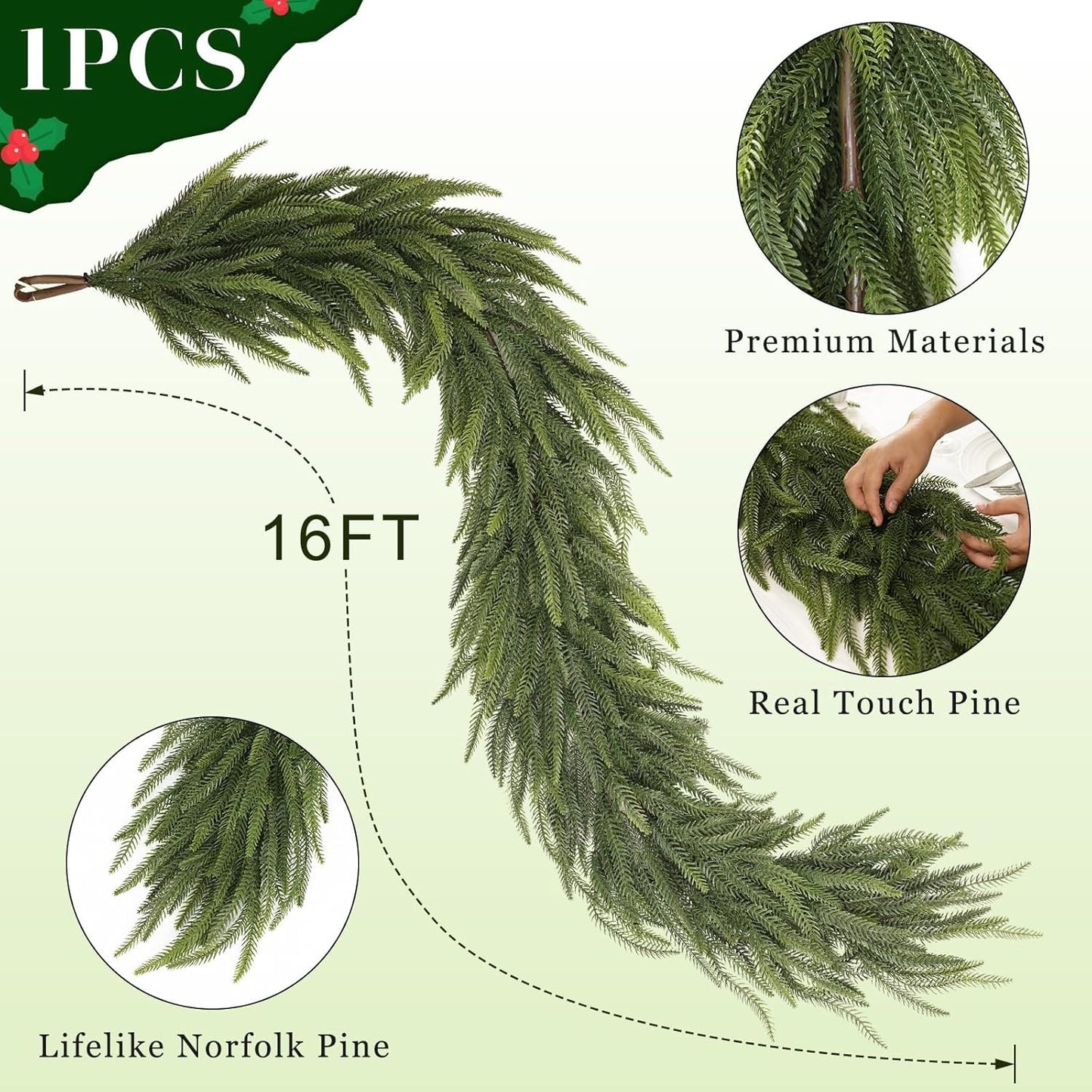 16FT Christmas Norfolk Pine Garland -1PCS, Artificial Pine Needles Garlands Faux Greenery Fake Garland for Holiday Fireplace,Table,Window,Stairs,Mante,Indoor Outdoor Decor