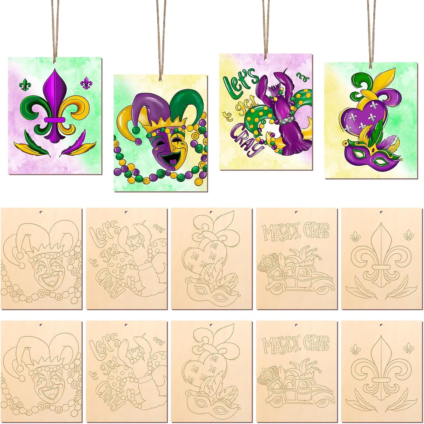 COCHIE 10 Pieces Large Mardi Gras Unfinished Wood Crafts to Paint for Adults and Kids, Bulk Predrilled Wooden Ornaments for Painting, Butterflies Paintable Wood Slices Craft Supplies with Ropes