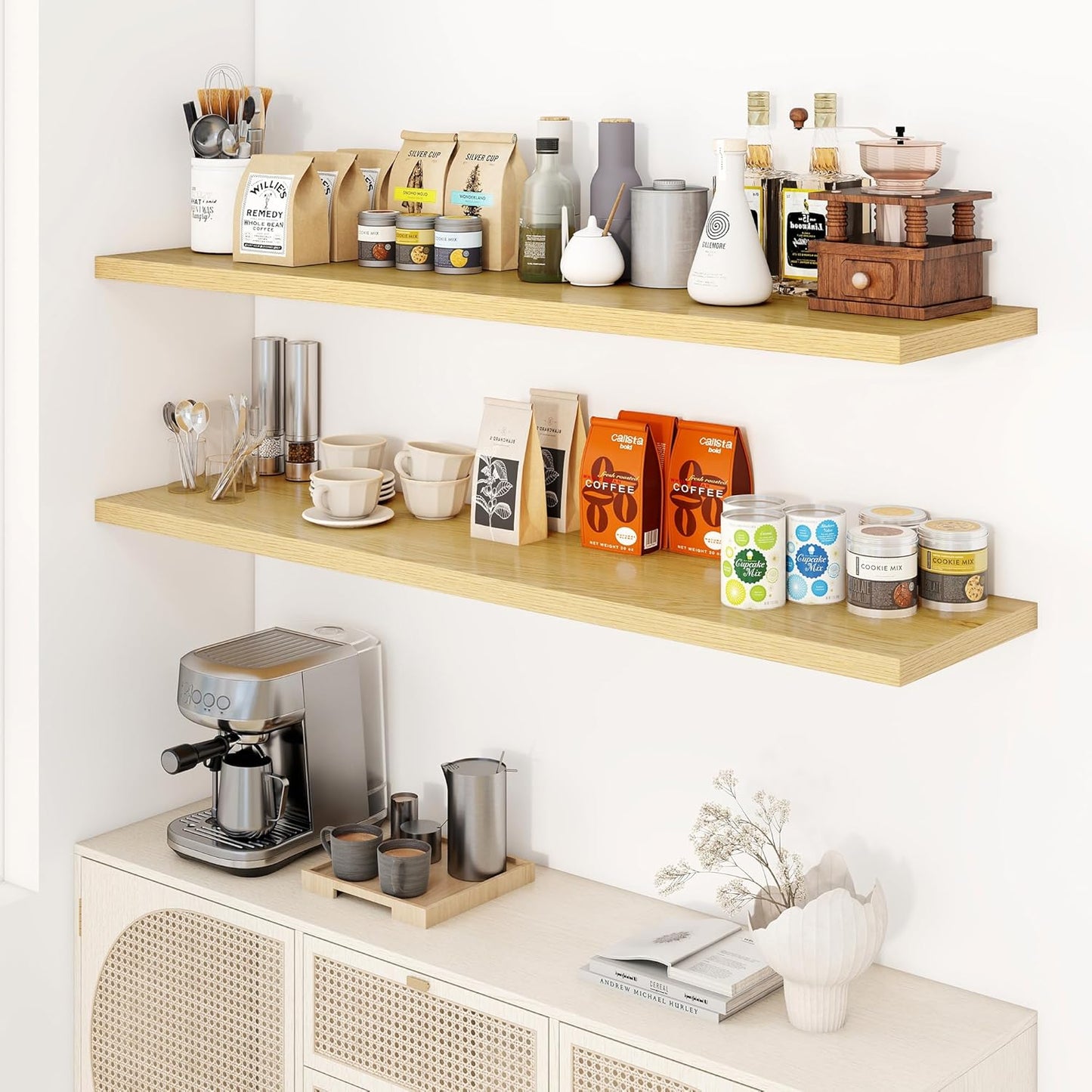 55" Floating Shelves for Wall, 12" Deep Slim Oak Floating Shelves, Wall-Mounted Shelves for Bedroom, Living Room, Kitchen, Bathroom - Set of 2