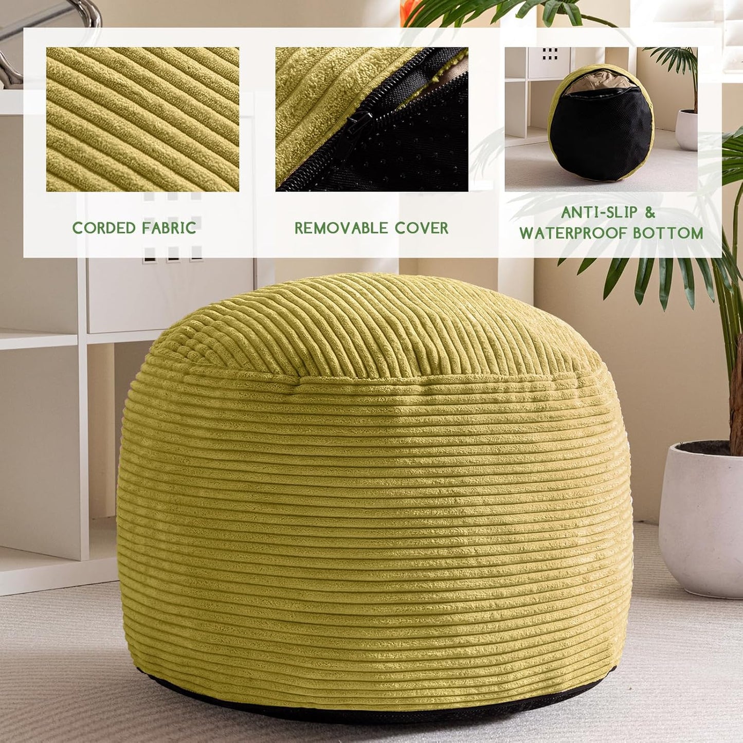 HIGOGOGO Round Stuffed Pouf Ottoman, Corduroy Poufs with Foam Chunk Filling, Furry and Fluffy Pouf Foot Stool Storage Ottoman, 26 X 18 Floor Poufs Foot Rest for Living Room, Green