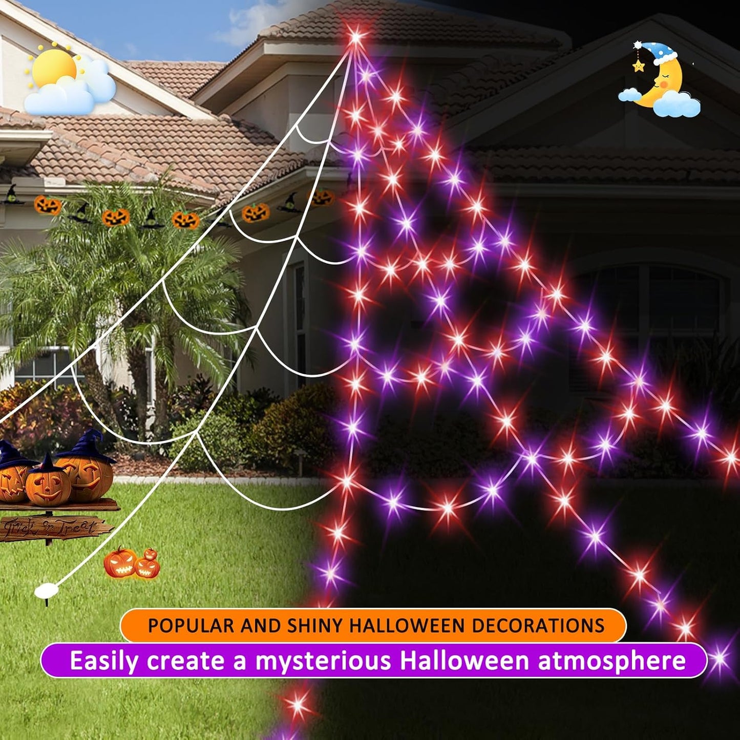 Halloween Spider Web Lights 550 LED Lighted Spider Web 16.4Ft Giant Halloween Decorations Light up with 8 Lighting Modes Waterproof & Timer for Indoor Outdoor House Haunted Yard Decor, Purple & Orange